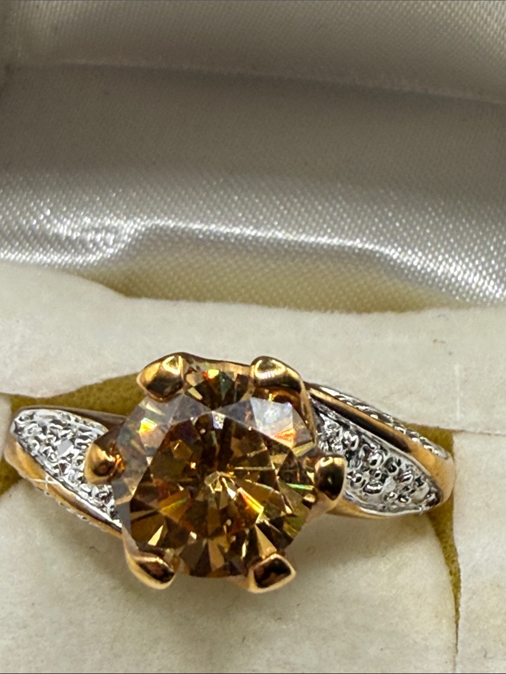 Vintage Gold-Tone plated Citrine Solitaire Ring Pavé Accents mixed metal glam